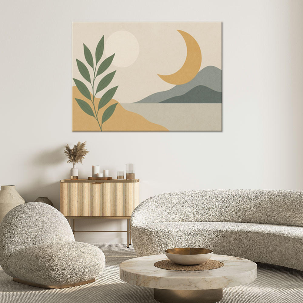 LEINWANDBILD Blätter Mond Landschaft Minimalismus 120x80cm - Beige, Textil (120/80cm) - Feeby