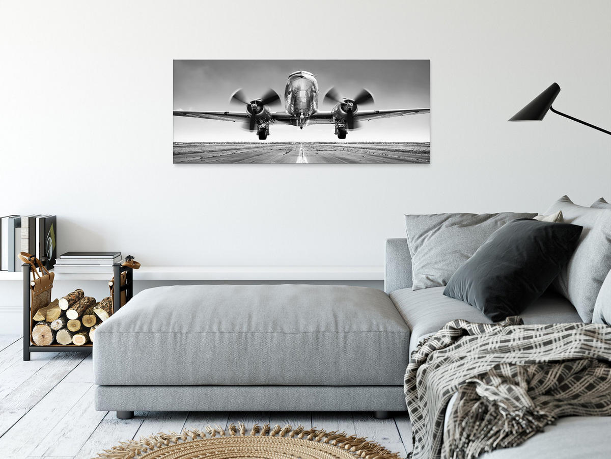 GLASBILD 125x50 cm Flugzeug Schwarz Weiß - Weiß, Glas (125/50cm) - artissimo