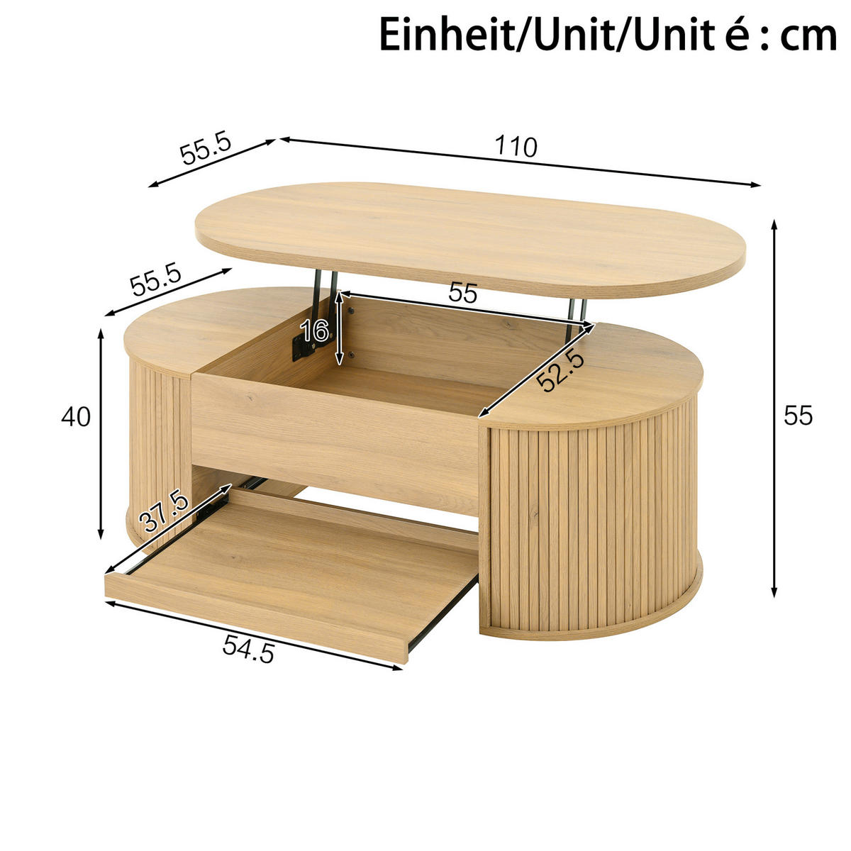 COUCHTISCH 110/55,5/40 cm höhenverstellbar mit Stauraum und ausziehbarer Ablage aus MDF, Natur - Naturfarben, Holzwerkstoff (110/55.5/40cm) - Modfu