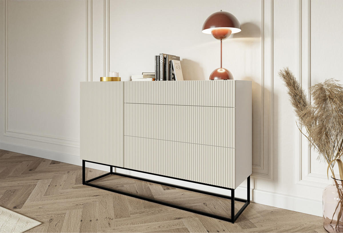 SIDEBOARD Veldio Graubeige mit Schubladen und schwarzen Beinen 140 cm - Greige/Schwarz, Holzwerkstoff/Metall (140/90/38cm) - Selsey