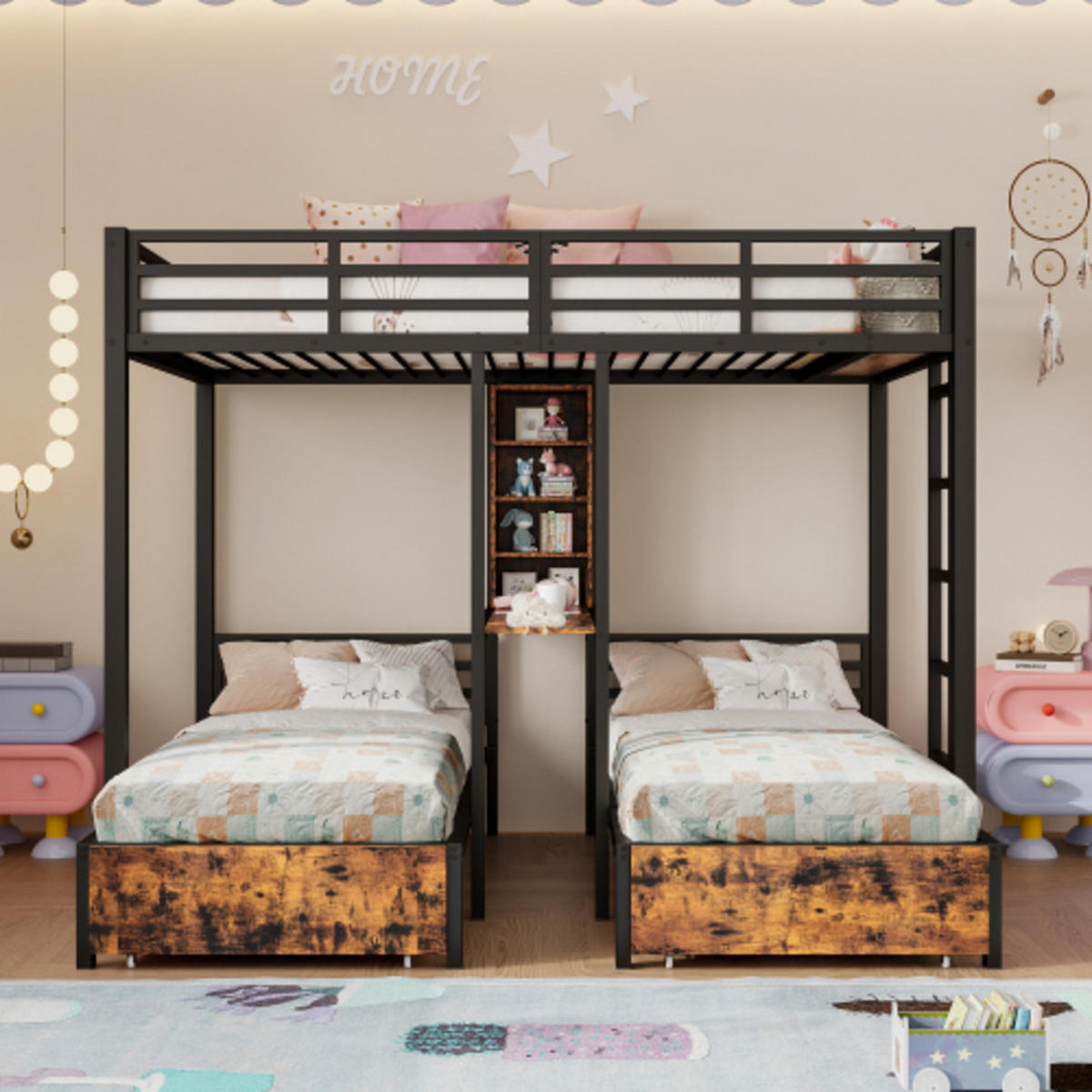 ETAGENBETT 140x200 cm & 90x200 cm, 3 Schlafplätze aus Metall und MDF mit Sicherheitsgeländern, 2 Schubladen und Staufächern, schwarz - Schwarz, Holzwerkstoff - Luhomfu