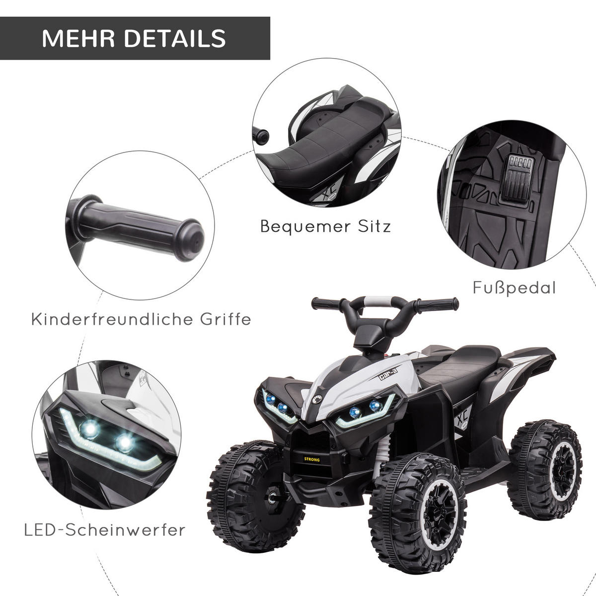MINI ELEKTRO-QUAD KINDER, Schwarz+Weiß, Kunststoff+ Metall - Weiß, Metall (83/53/55.5cm) - HOMCOM