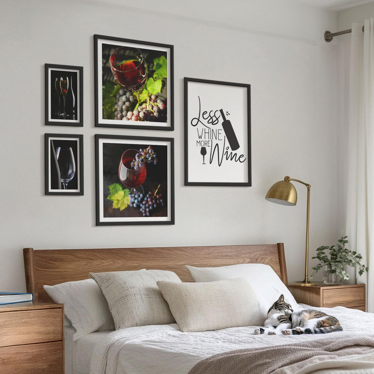 WANDBILDER 5er-Set - 50x50 cm & 20x30 cm & 40x60 cm Schwarzer Rahmen - Weingläser mit Trauben und Inschrift - Schwarz, Kunststoff (40/60cm) - ArtPrintCave
