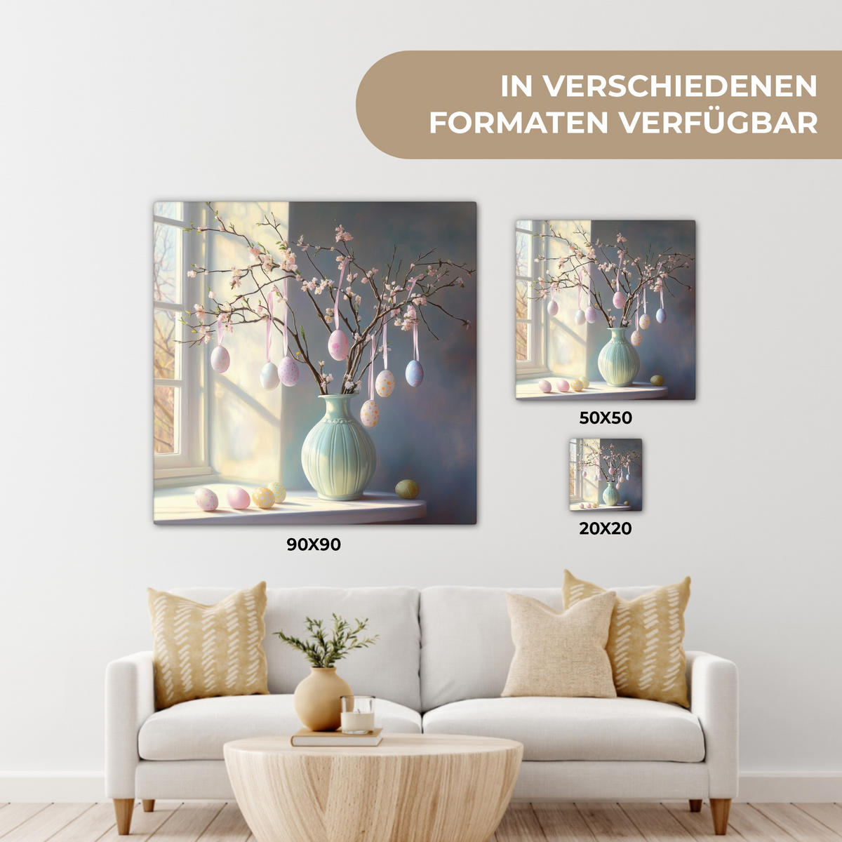 LEINWANDBILD Stillleben - Vase - Osterzweig Deko Groß 90x90 cm - Hellblau, Textil (90/90cm) - MuchoWow