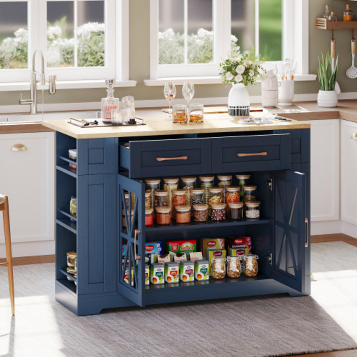 KÜCHENINSEL Blau-Neutral aus MDF mit klappbarer Erweiterungsplatte, Steckdosen und Laufrollen 120 × 40(65) × 92 cm - Blau, Holzwerkstoff (120/92/65cm) - Luhomfu