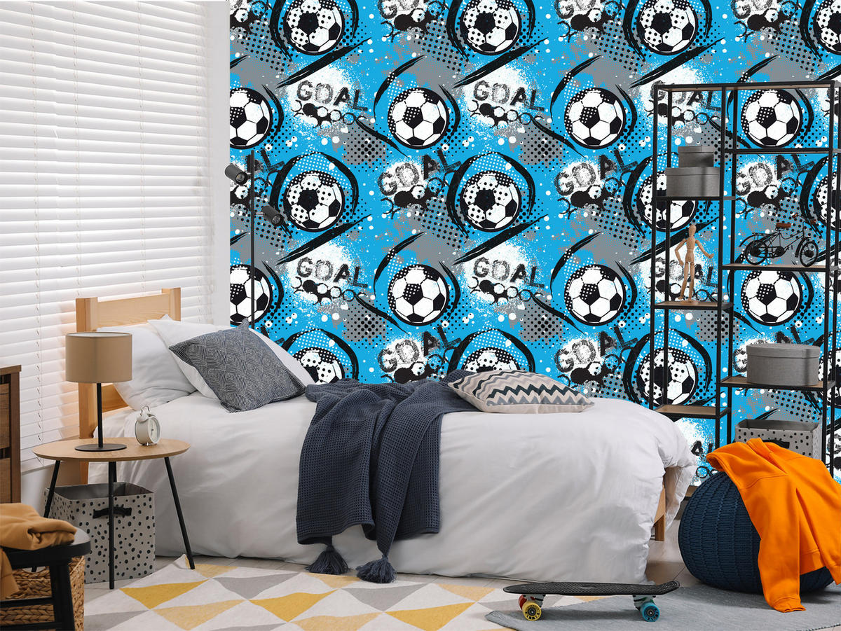 VLIESTAPETE Fußball-Comic – Blau, Schwarz, Weiß – 50x1000 cm - Blau/Schwarz, Papier (50/1000cm) - Muralo