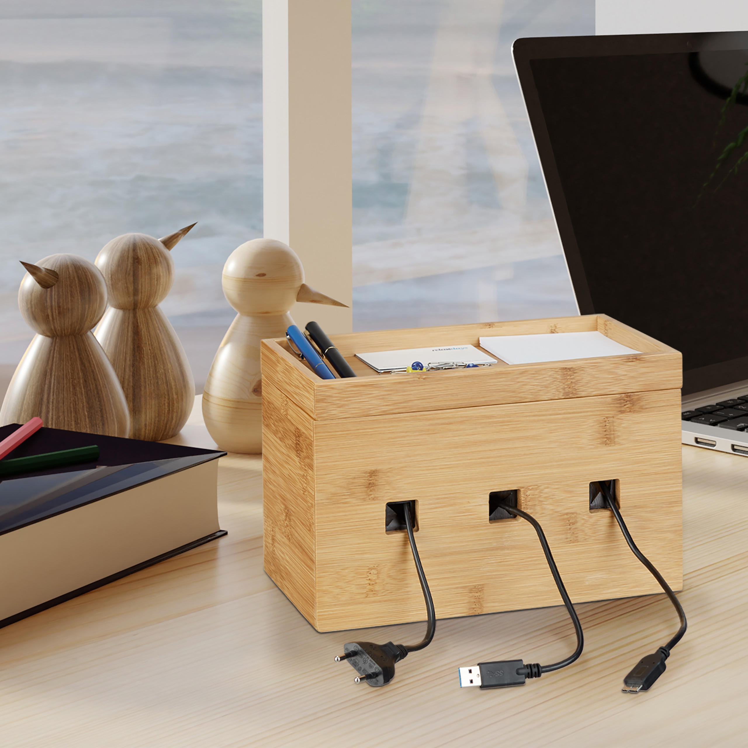 KABELBOX - Hellbraun, Holz/Holzwerkstoff (14/25.5/16.5cm) - Relaxdays