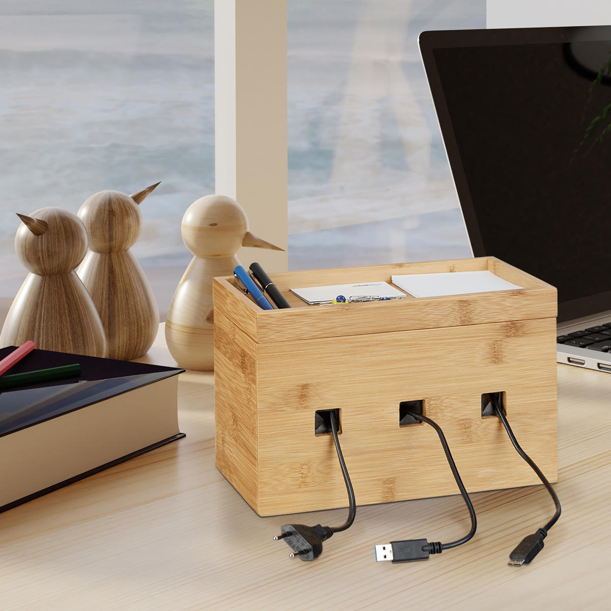 KABELBOX - Hellbraun, Holz/Holzwerkstoff (14/25.5/16.5cm) - Relaxdays