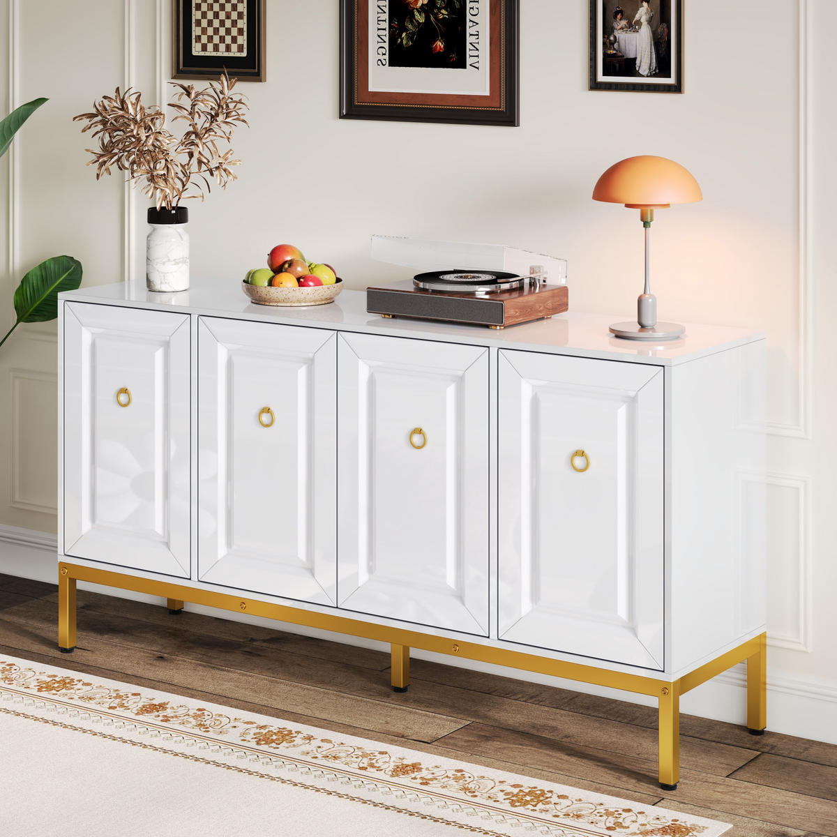SIDEBOARD in Hochglanz Weiß mit goldenen Metallbeinen und eleganten Ringgriffen, 140/40/80 cm, Weiß/Gold - Weiß, Holzwerkstoff (140/80/40cm) - Redom