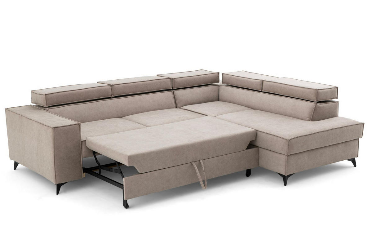 ECKSOFA PURE L Rechts mit Schlaffunktion 127x199 Velours Hellgrau - Hellgrau/Schwarz, Holz/Textil (204/281cm) - Muffo