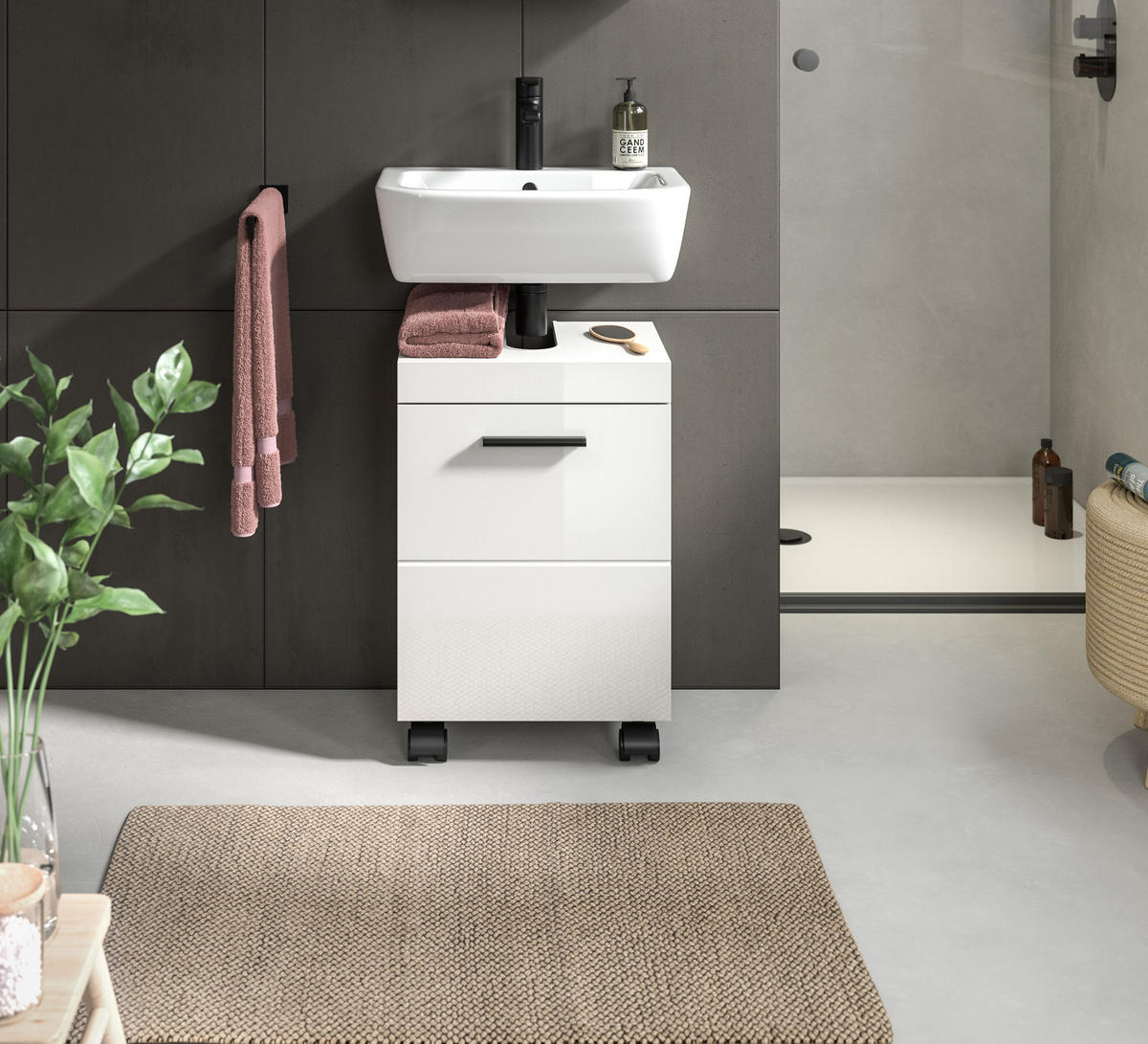 WASCHBECKENUNTERSCHRANK auf Rollen NOVA (B/H/T: ca. 40/58/30 cm) in Weiß/weiß hochglanz - Weiß, Holzwerkstoff (40/58/30cm)