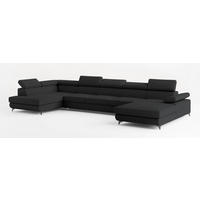 WOHNLANDSCHAFT MONTIVA Schwarz Boucle-Stoff mit Schlaffunktion - Schwarz, Holz (410/89/190cm) - MASSENO