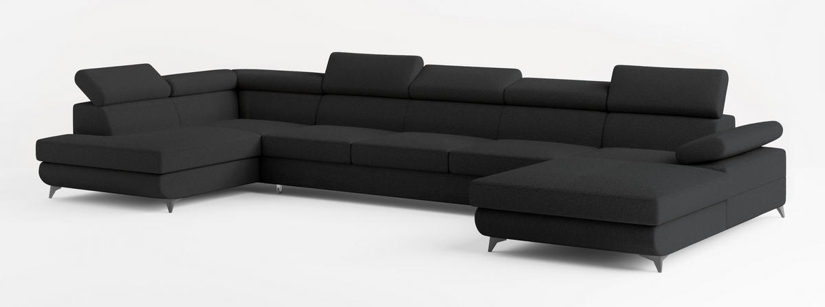 WOHNLANDSCHAFT MONTIVA Schwarz Boucle-Stoff mit Schlaffunktion - Schwarz, Holz (410/89/190cm) - MASSENO