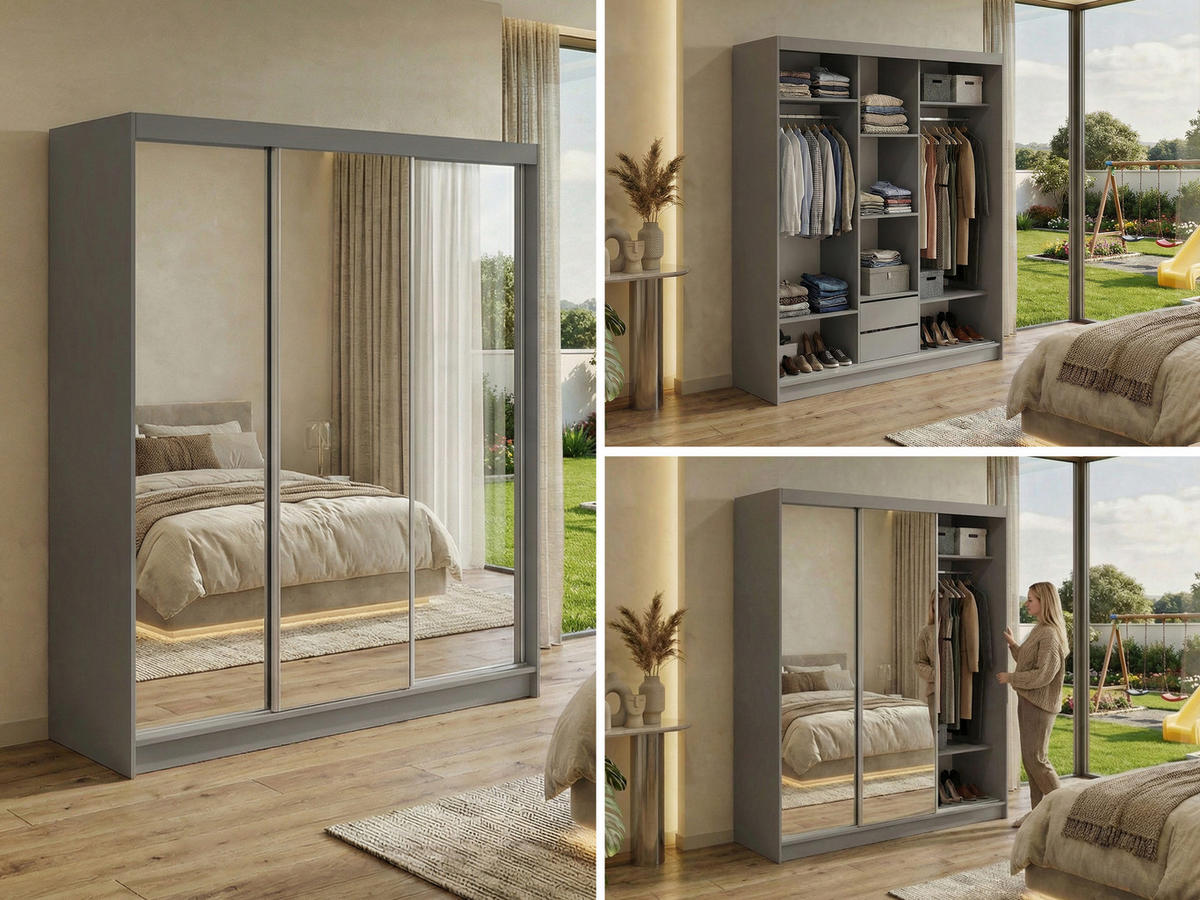 SCHWEBETÜRENSCHRANK mit Schubladen 180 - DUBROWNIK - Grau mit Spiegel - Alufarben/Grau, Holzwerkstoff/Metall (180/216/61cm) - MKS