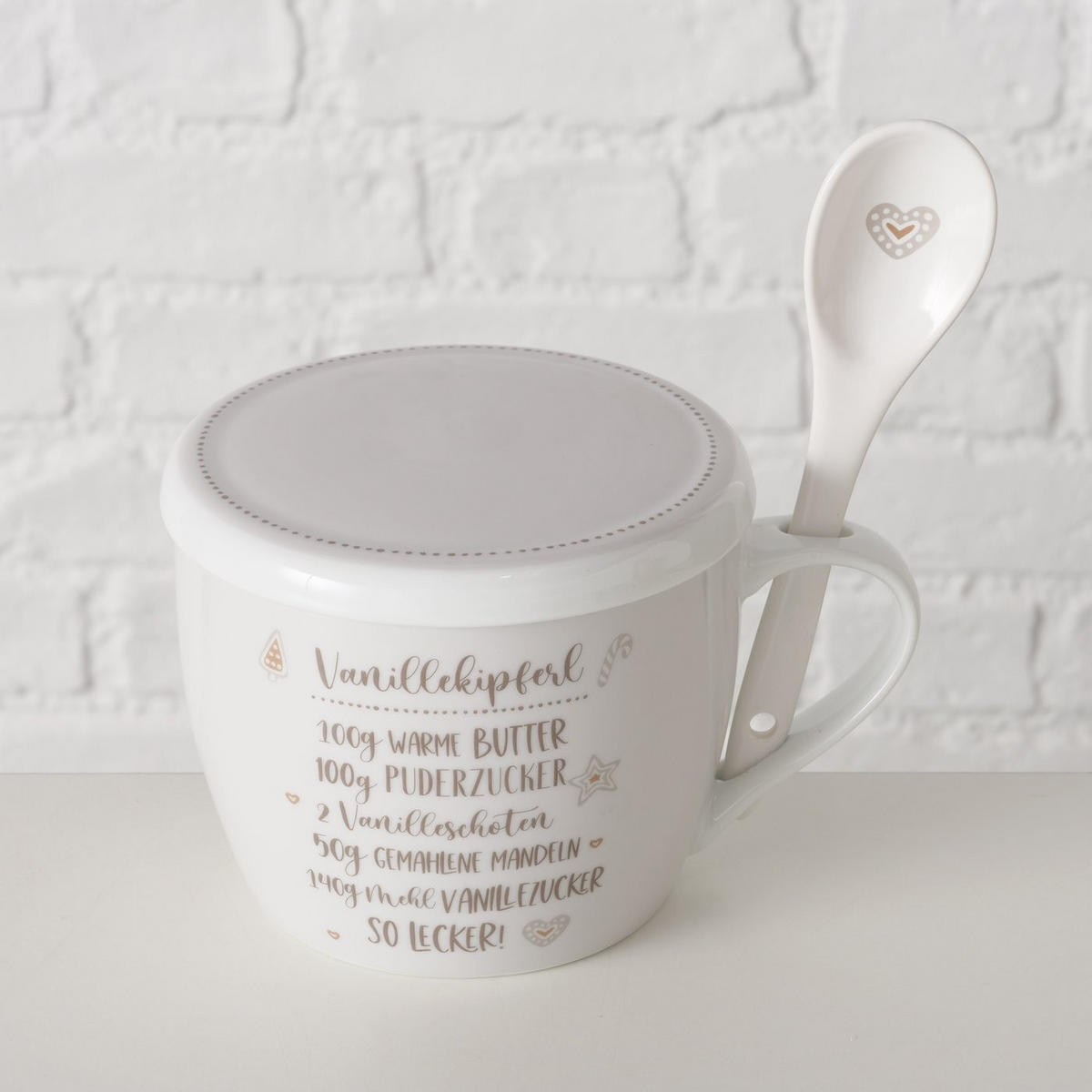 PORZELLANBECHER mit Deckel Bakery Muster 1 600 ml 17/11,5/12,5 cm - Beige, Keramik (0.6L) - Boltze Home