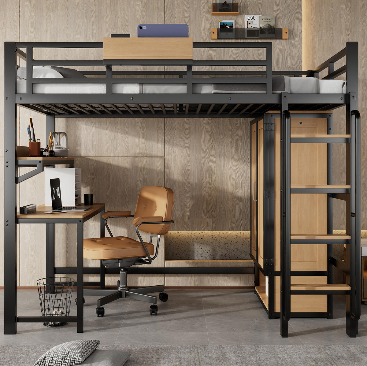 HOCHBETT aus Metall & Holz 90x200 cm in Schwarz mit Schreibtisch - Schwarz, Metall (90/200cm) - Modfu