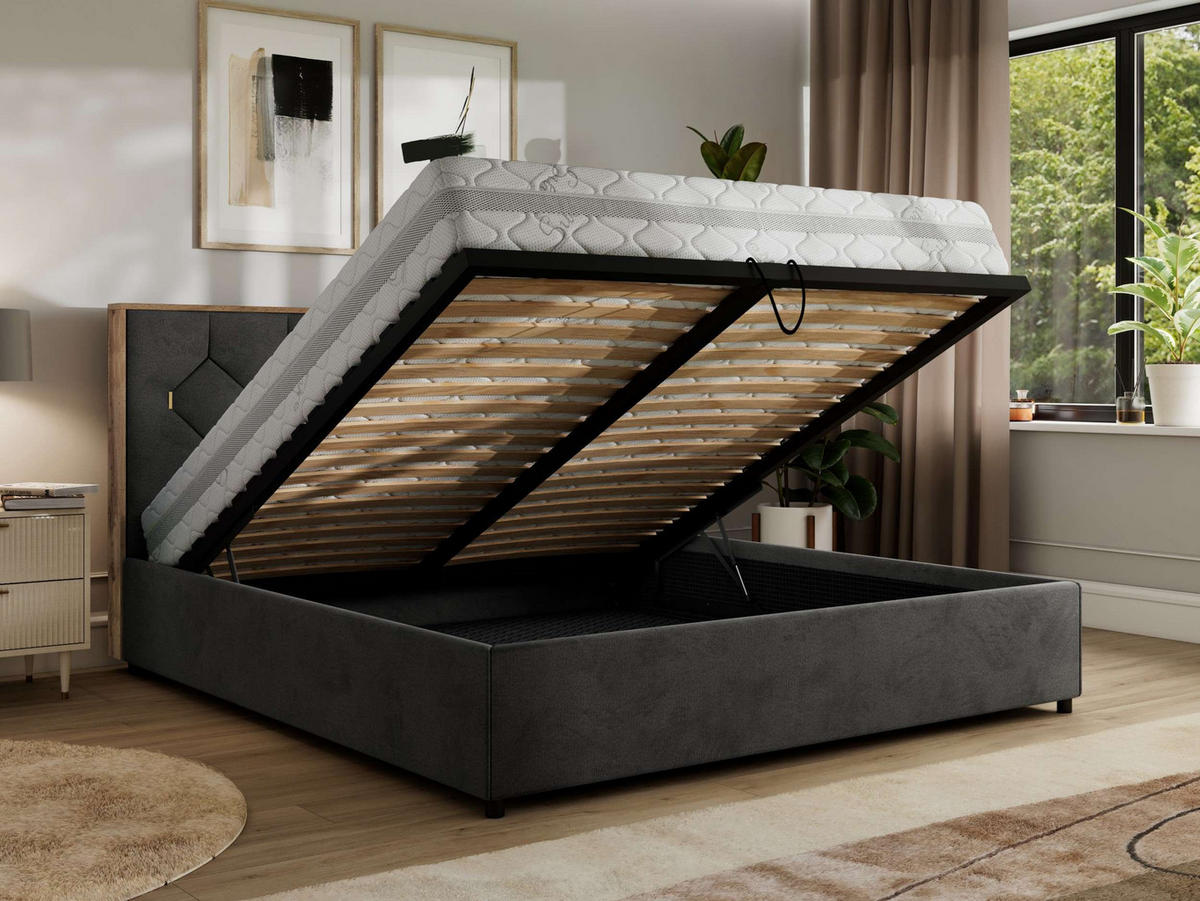 POLSTERBETT LARINO CLASSIC 160/200 - Dunkelgrau Velvet - Pocket Matratze - Dunkelgrau, Textil (160/200cm) - MKS