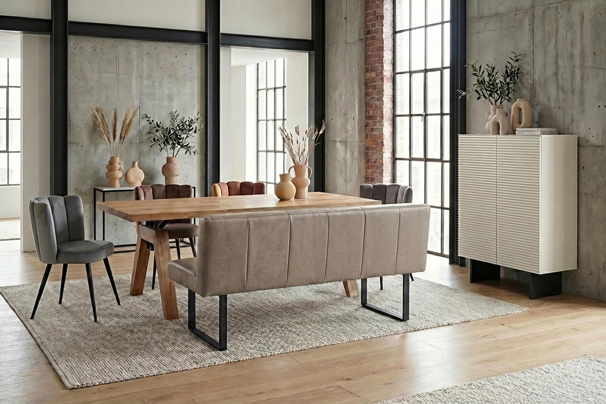 ESSZIMMERBANK ELEEN Grau Leder - Grau, Leder (123/85/69cm) - KAWOLA