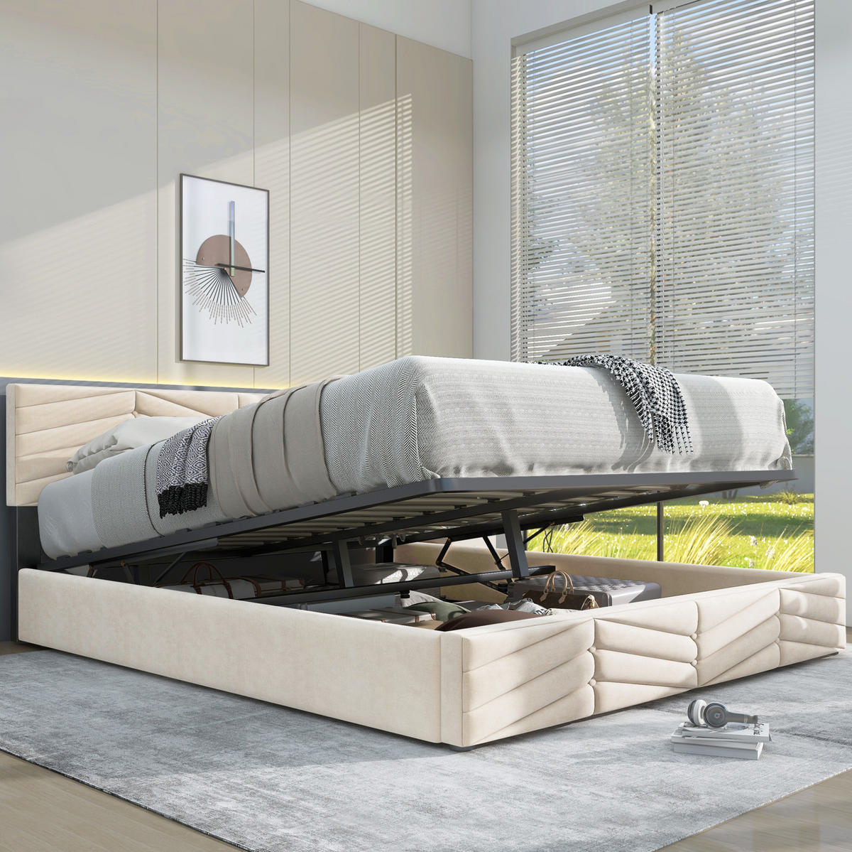 POLSTERBETT aus Samt 140x190 cm Beige mit höhenverstellbarem Kopfteil und Lattenrost - Beige, Textil (140/190cm) - IVMEU