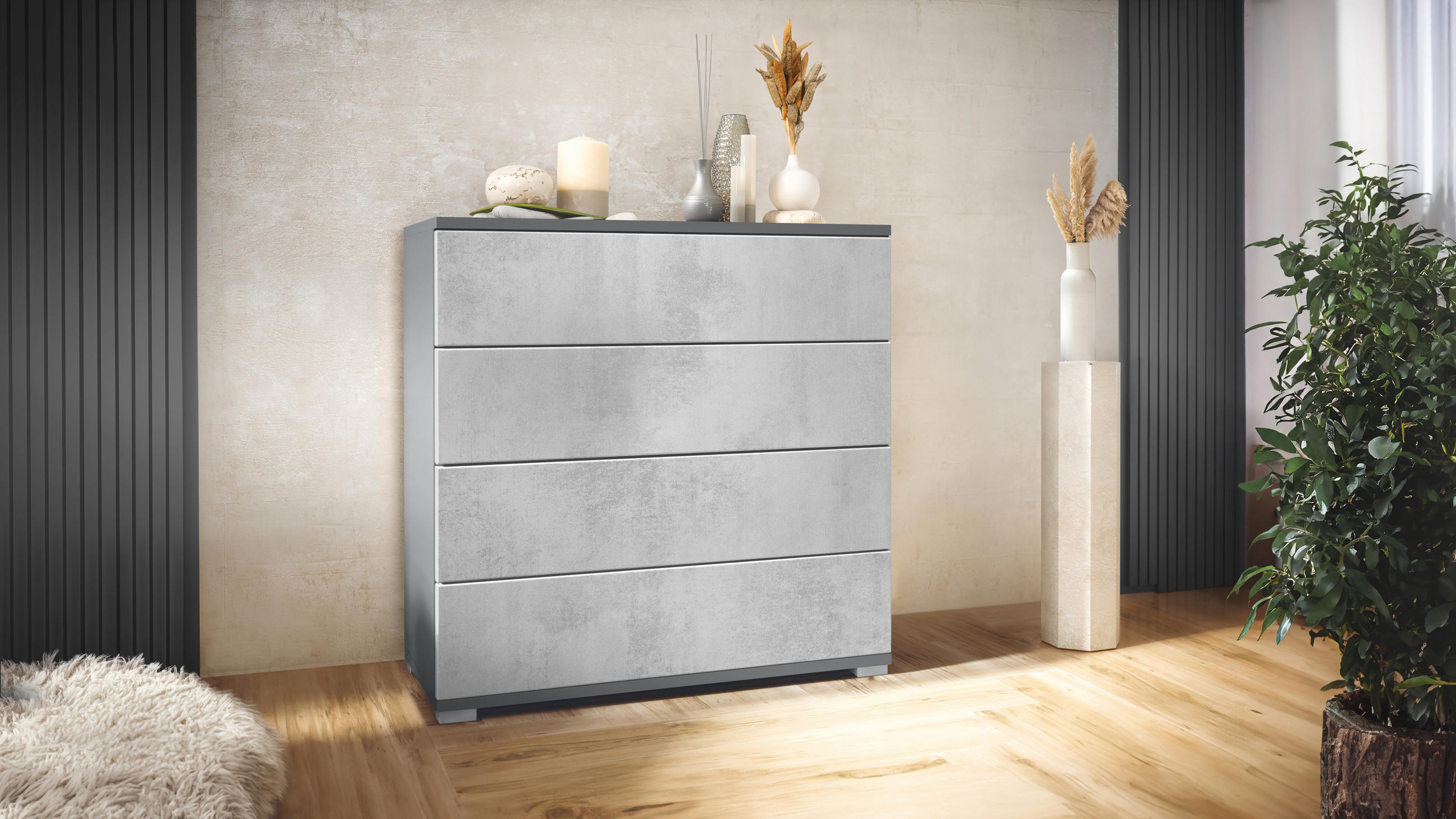 KOMMODE Pavos Beton Oxid Optik - Hellgrau, Holzwerkstoff (76/76/35cm) - Vladon