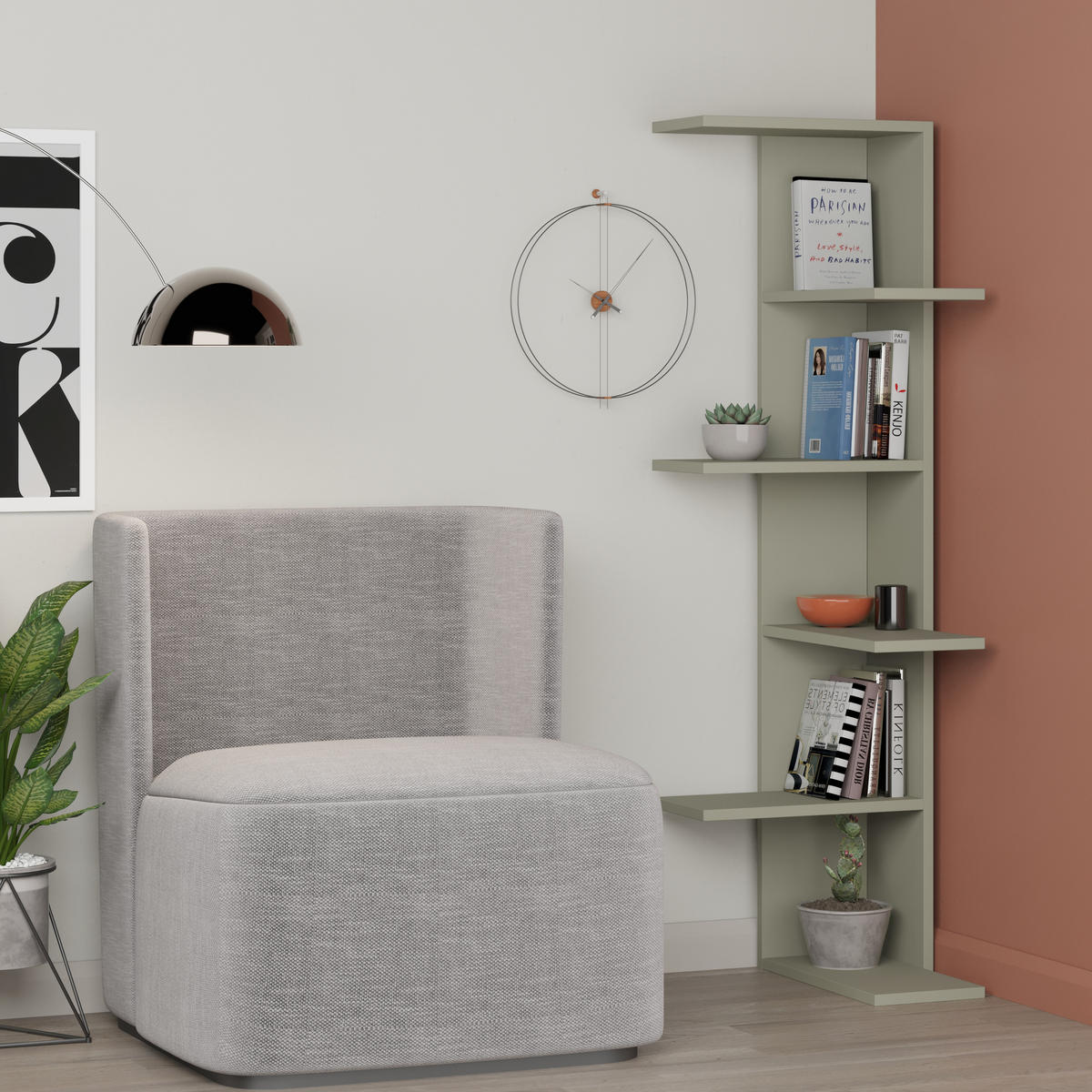 ECK BÜCHERREGAL Saso Aschgrün 37/141/24 cm - Grün, Holzwerkstoff (37/141/24cm) - Decortie