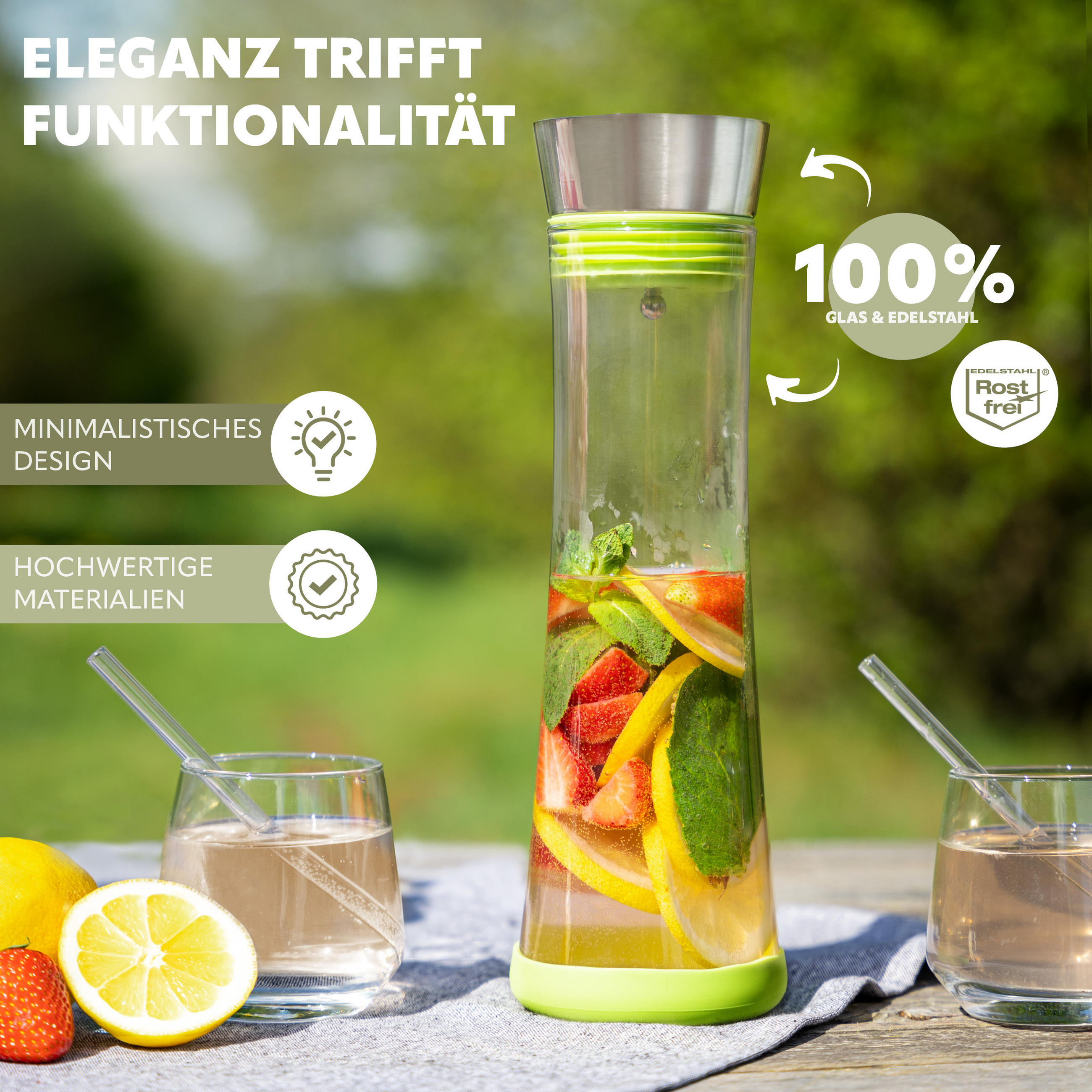 GLASKARAFFE 1 Liter CAROLA, grün, Edelstahl, Silikon - Grün, Glas (1L) - bremermann