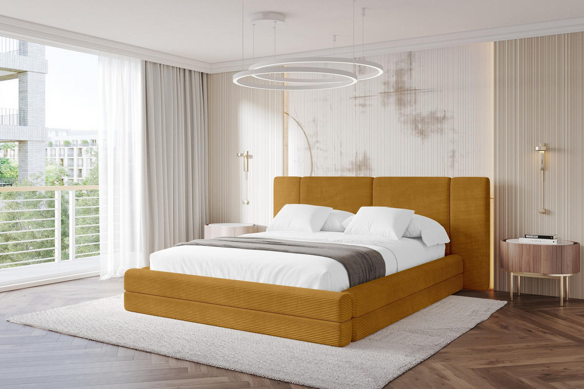 POLSTERBETT mit Bettkasten und Lattenrost, Bett mit Matratze H3/H4 - TEVO 200x200 Senfgelb - Gelb, Holzwerkstoff/Textil (200/200cm) - ALTDECOR