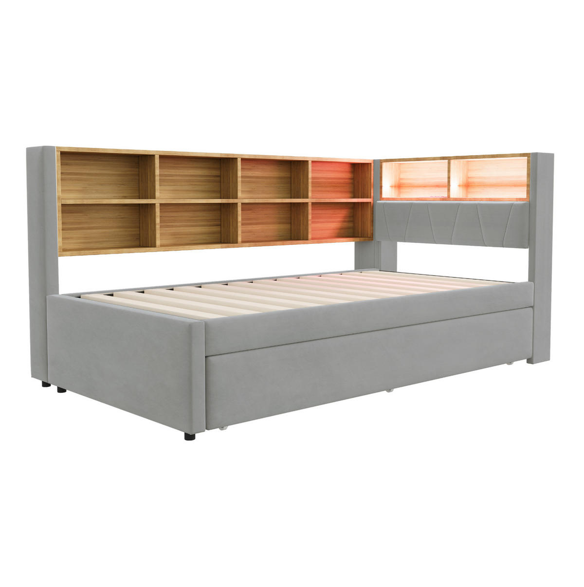 POLSTERBETT aus Flanell 90x200 cm Hellgrau mit Ausziehbett, LED, USB-C, Steckdose und Stauraum - Hellgrau, Textil (90/200cm) - Modfu
