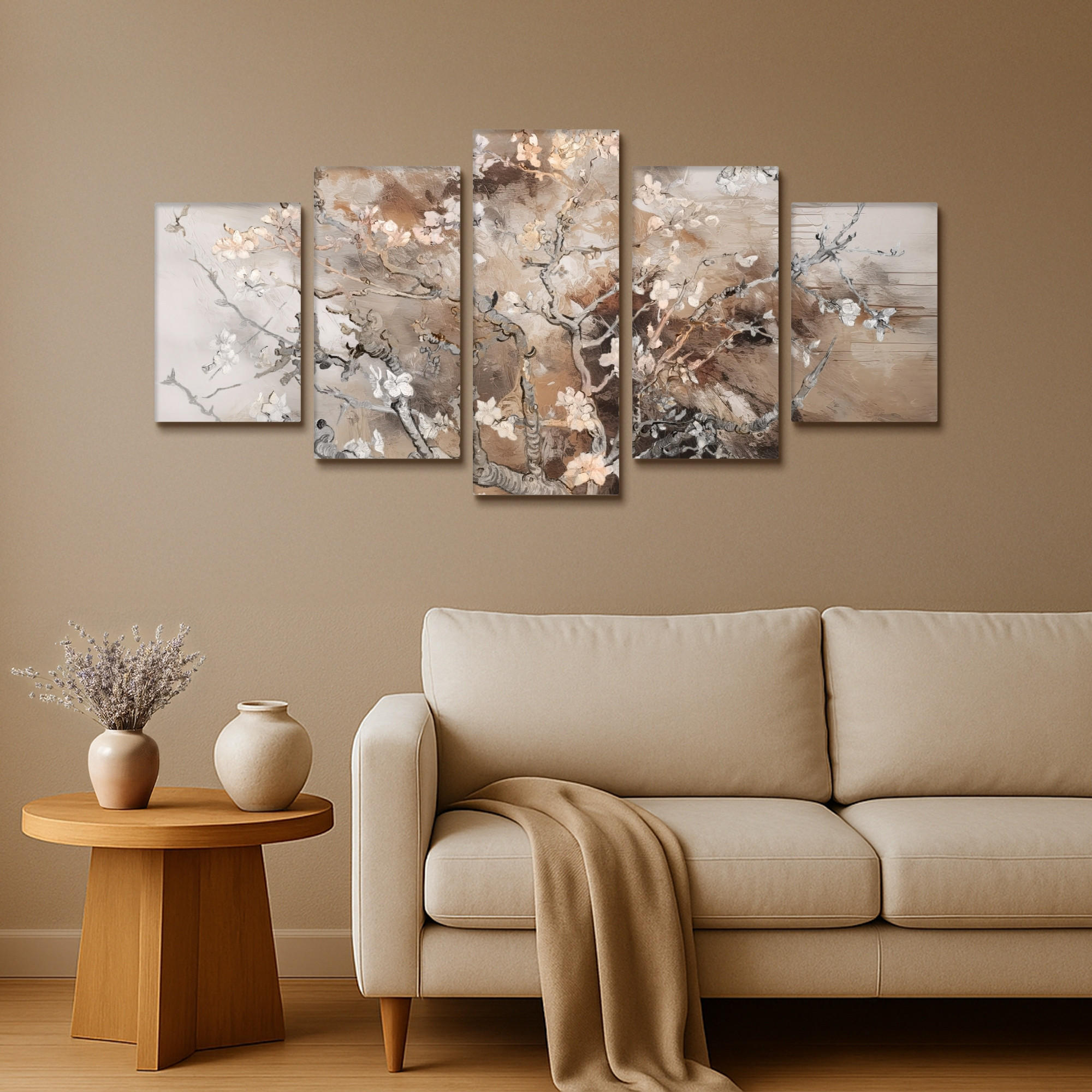 LEINWANDBILD 5er Set Mandelblüte - Abstrakt - Beige 100x50 cm - Beige, Textil (100/50cm) - MuchoWow