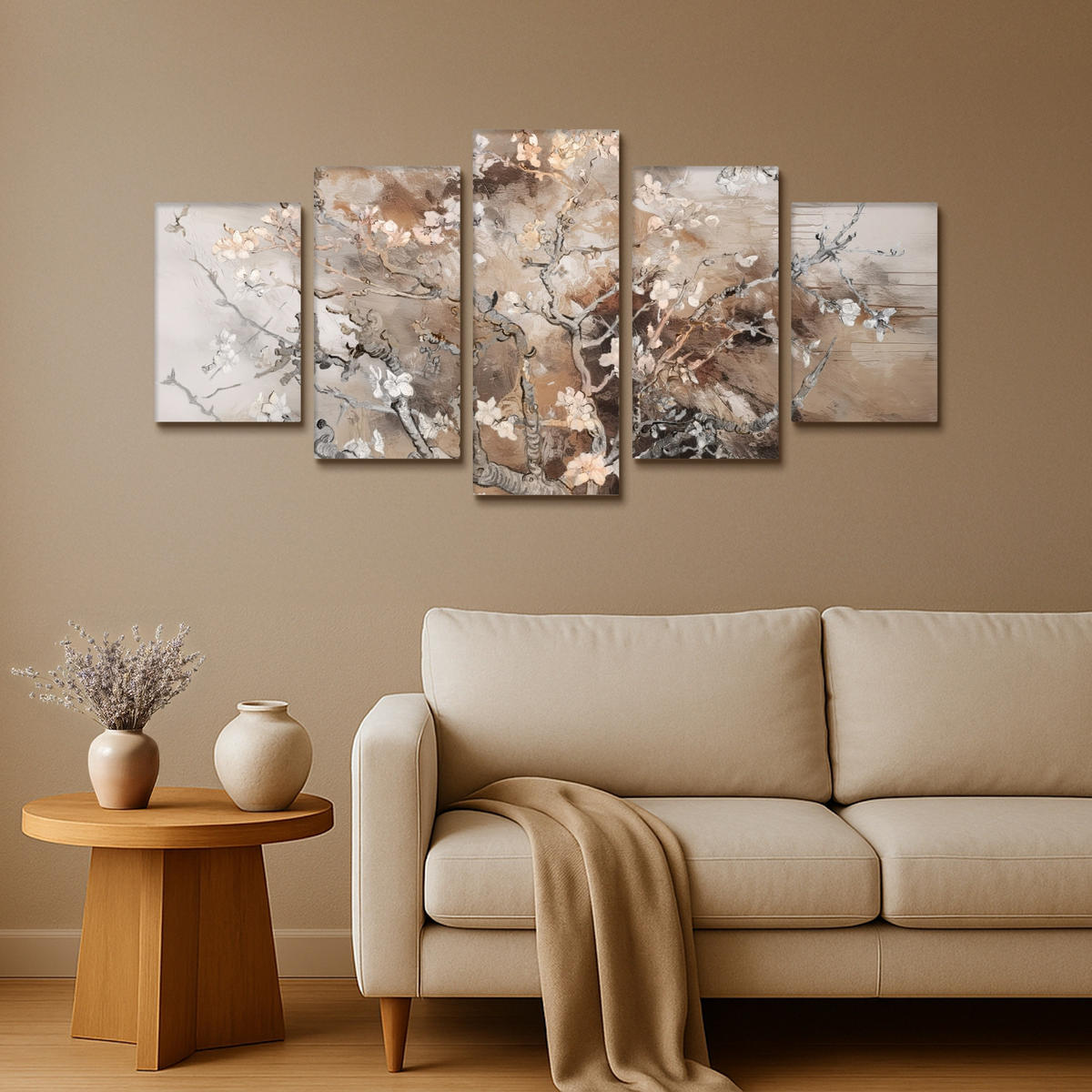 LEINWANDBILD 5er Set Mandelblüte - Abstrakt - Beige 100x50 cm - Beige, Textil (100/50cm) - MuchoWow