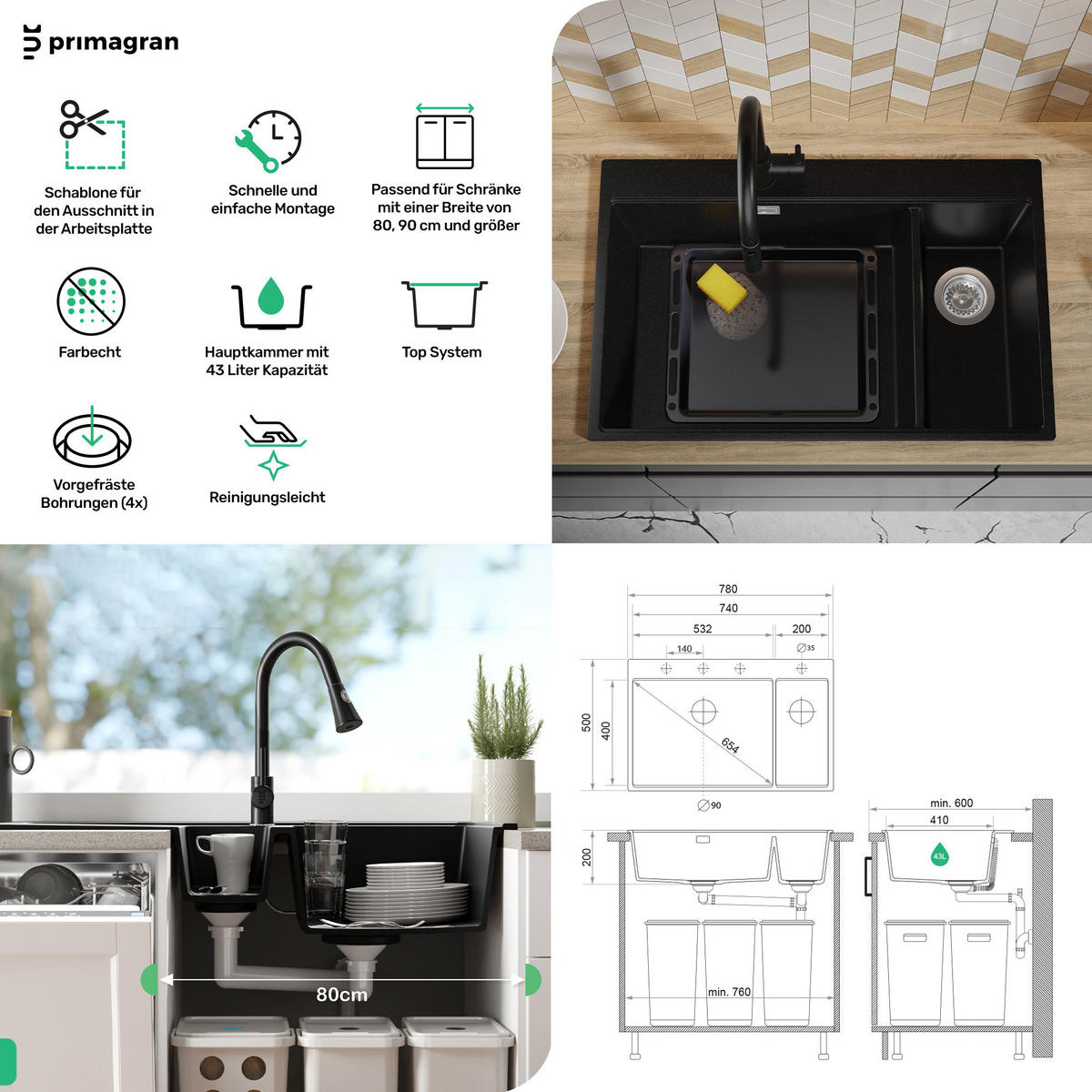 GRANITSPÜLE Oslo Duo, 2-er set Alles Weiß 78/50 cm 2 Becken + Küchenarmatur 40/20 cm + Ablauf-Set + Schneidebrett ab 80er Unterschrank - Beige/Weiß, Kunststoff (78/20/50cm) - Primagran