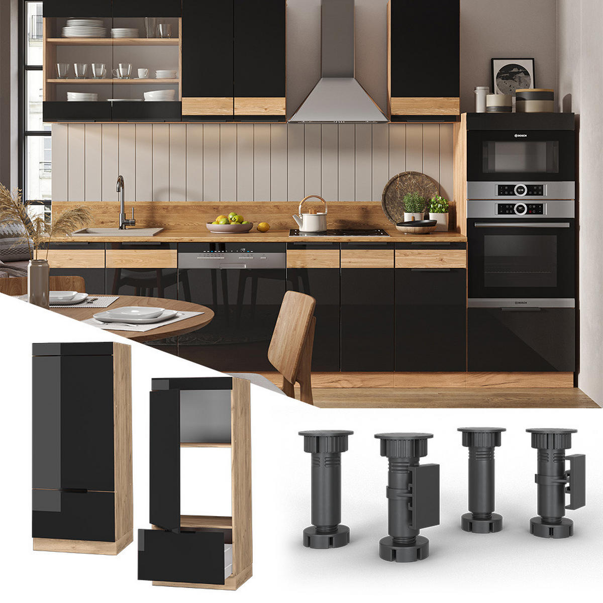 MIKROWELLENSCHRANK Fame-Line Schwarz Eiche hochglanz 60 cm - Honigeiche/Schwarz Hochglanz, Holzwerkstoff (60/153.6/58.1cm) - Vicco
