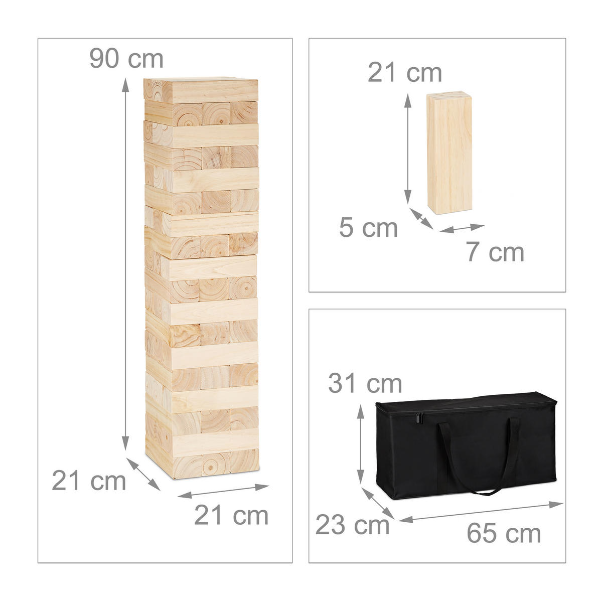 WACKELTURM Natur Schwarz Birkenholz 54-teilig mit Tasche - Hellbraun, Holz/Textil (21/21cm) - Relaxdays