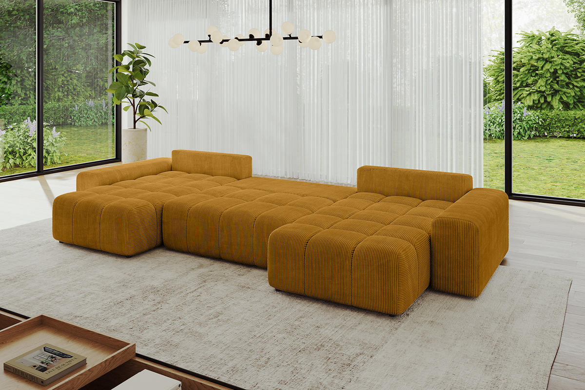WOHNLANDSCHAFT ENIL-U 390x175x84 Senfgelb Cord - Currygelb, Holzwerkstoff/Kunststoff (390/84/175cm) - ALTDECOR