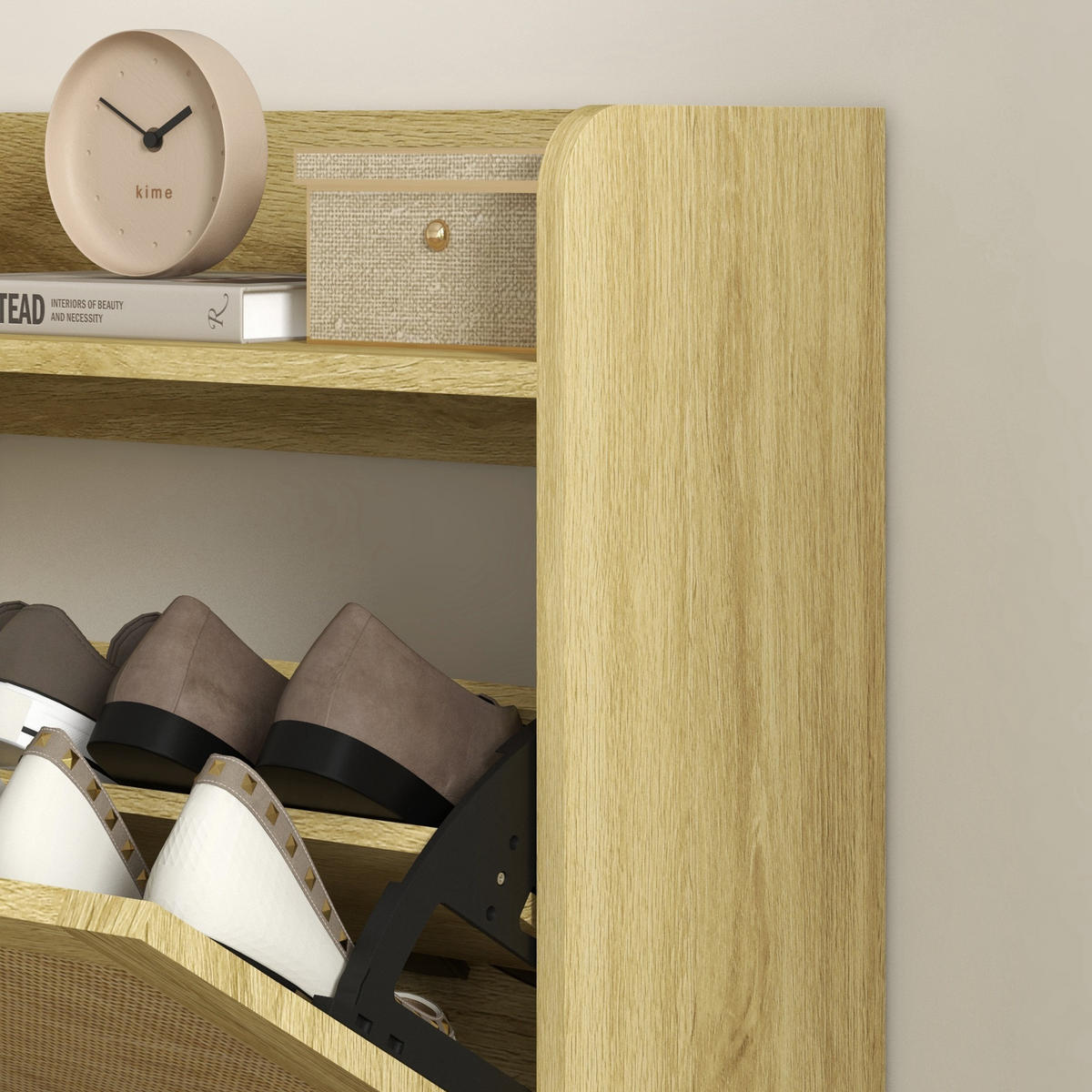 SCHUHSCHRANK DE-15001 2 Klapptüren mit geflochtener Resin-Optik Natur - Eichefarben, Holzwerkstoff (80/110/24.5cm) - ComfortXL