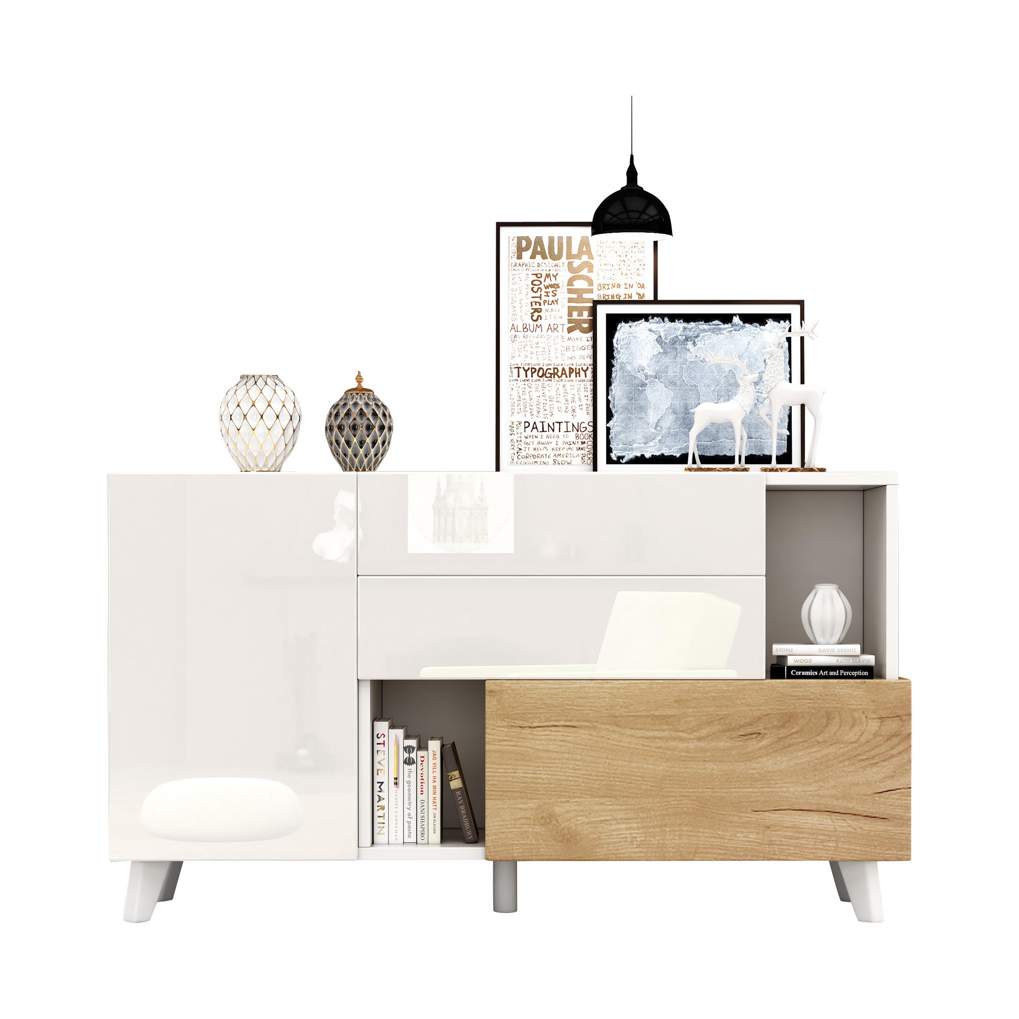 SIDEBOARD im skandinavischen Design mit Push-Open & 2 Schubladen, Weiß/Holz, Spanplatte - Weiß, Holzwerkstoff (130/70/40cm) - EVRYAE