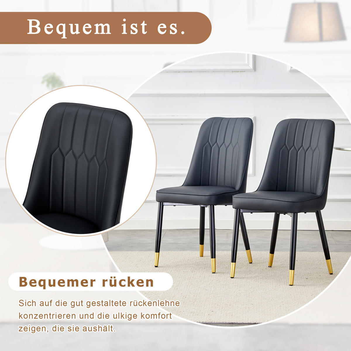 STUHL-SET DE-36511 2 Stück mit PU-Bezug und Metallbeinen Schwarz - Schwarz, Metall (41.5/89/43cm) - ComfortXL