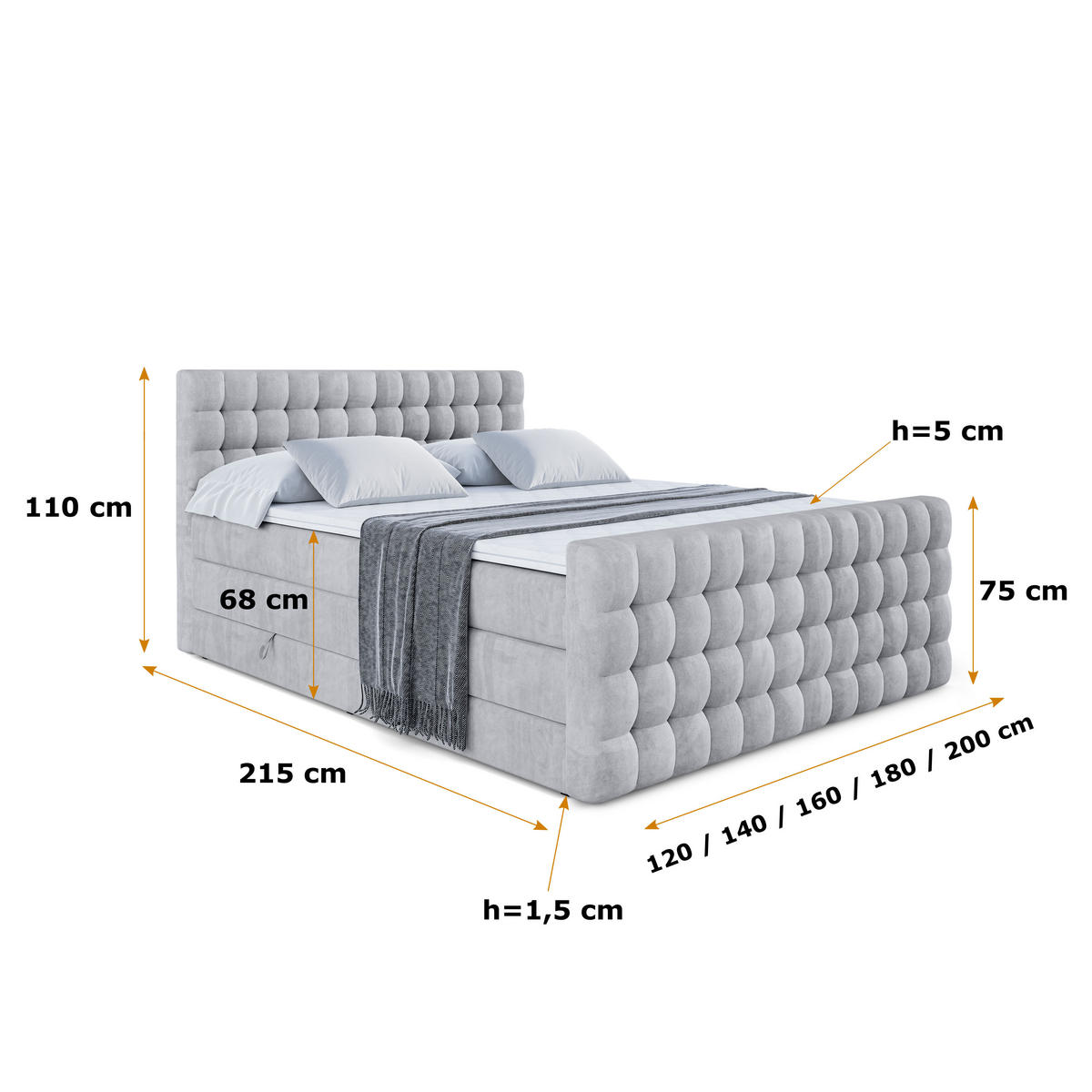 BOXSPRINGBETT VIONE-Z KING - 120 x 200 - H3/H4 - Hellgrau - Hellgrau, Holzwerkstoff (120/200cm) - ALTDECOR