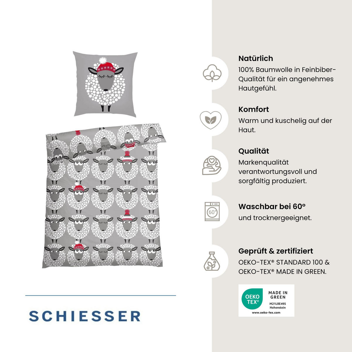 BETTWÄSCHESET Sippa - Feinbiber - 2-teilig - 135 x 200 cm - Grau - Grau, Textil (135/200cm) - SCHIESSER