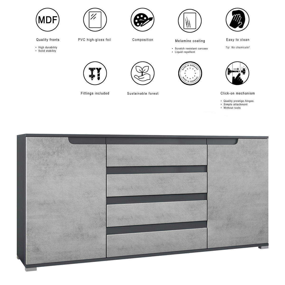 SIDEBOARD Sylt Anthrazit matt - Anthrazit, Holzwerkstoff (166.5/75.5/35cm) - Vladon