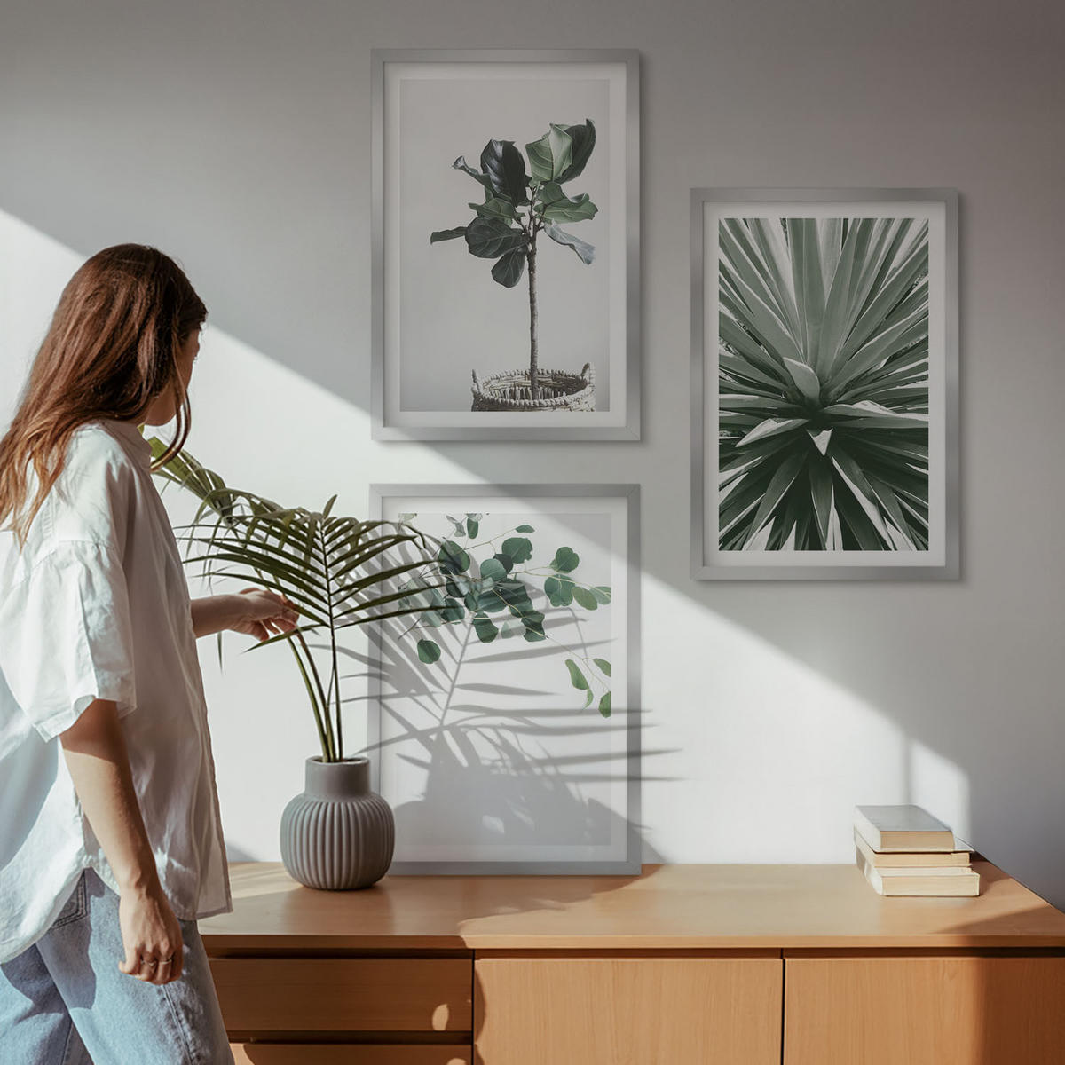 WANDBILDER 3er Set - 40x60 cm Silberner Rahmen - Minimalismus mit grünen Pflanzen - Silberfarben, Kunststoff (40/60cm) - ArtPrintCave