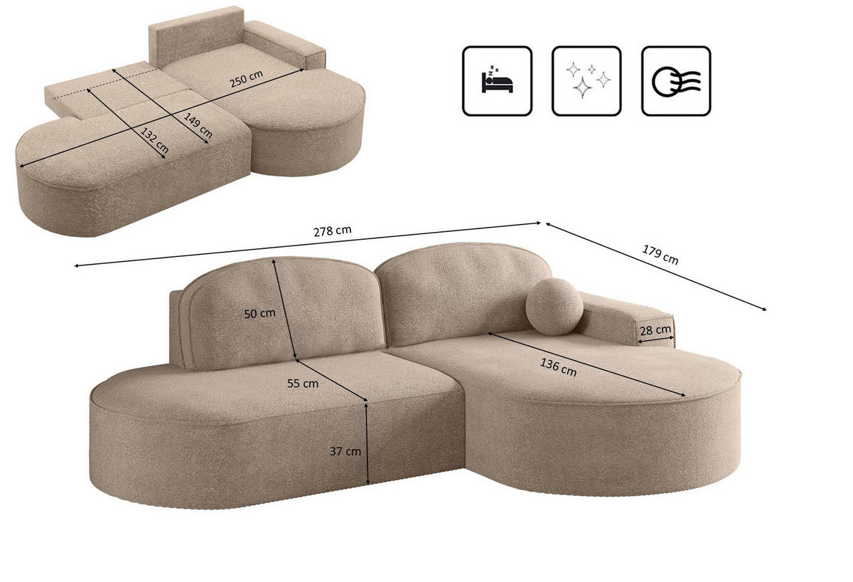 ECKSOFA mit Schlaffunktion und Bettkasten Modena Runden stoff Arena Dunkelbeige Rechts - Cappuccino, Holz (278/179cm) - Kaiser Möbel