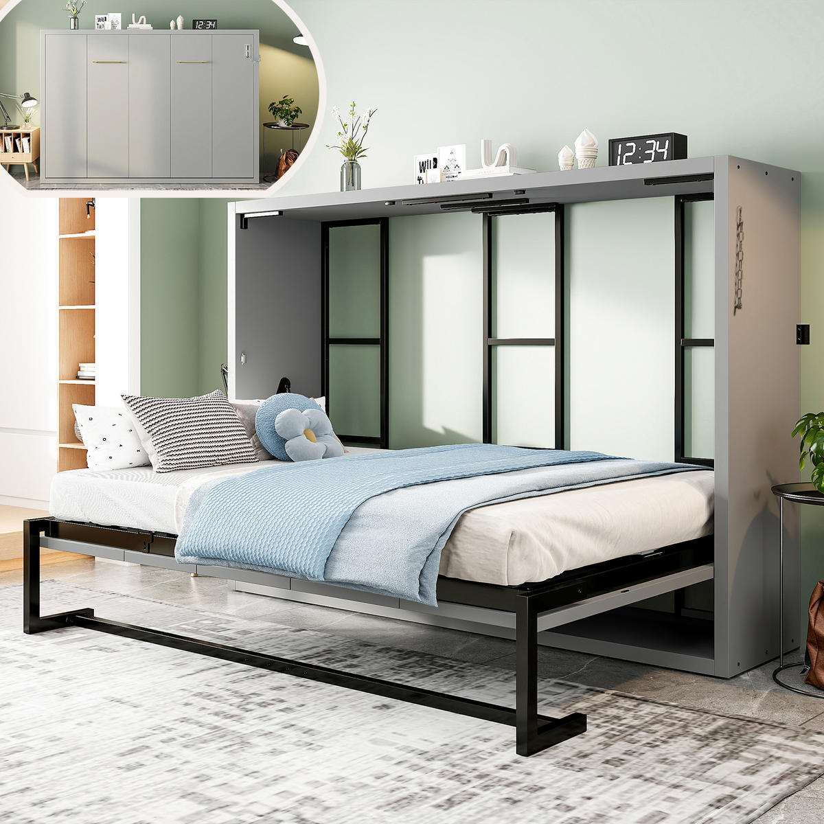 KLAPPBETT 140/200 cm in Grau Metall und Holz mit Wandverriegelung - Grau, Holzwerkstoff/Metall (140/200cm) - WISHDOR