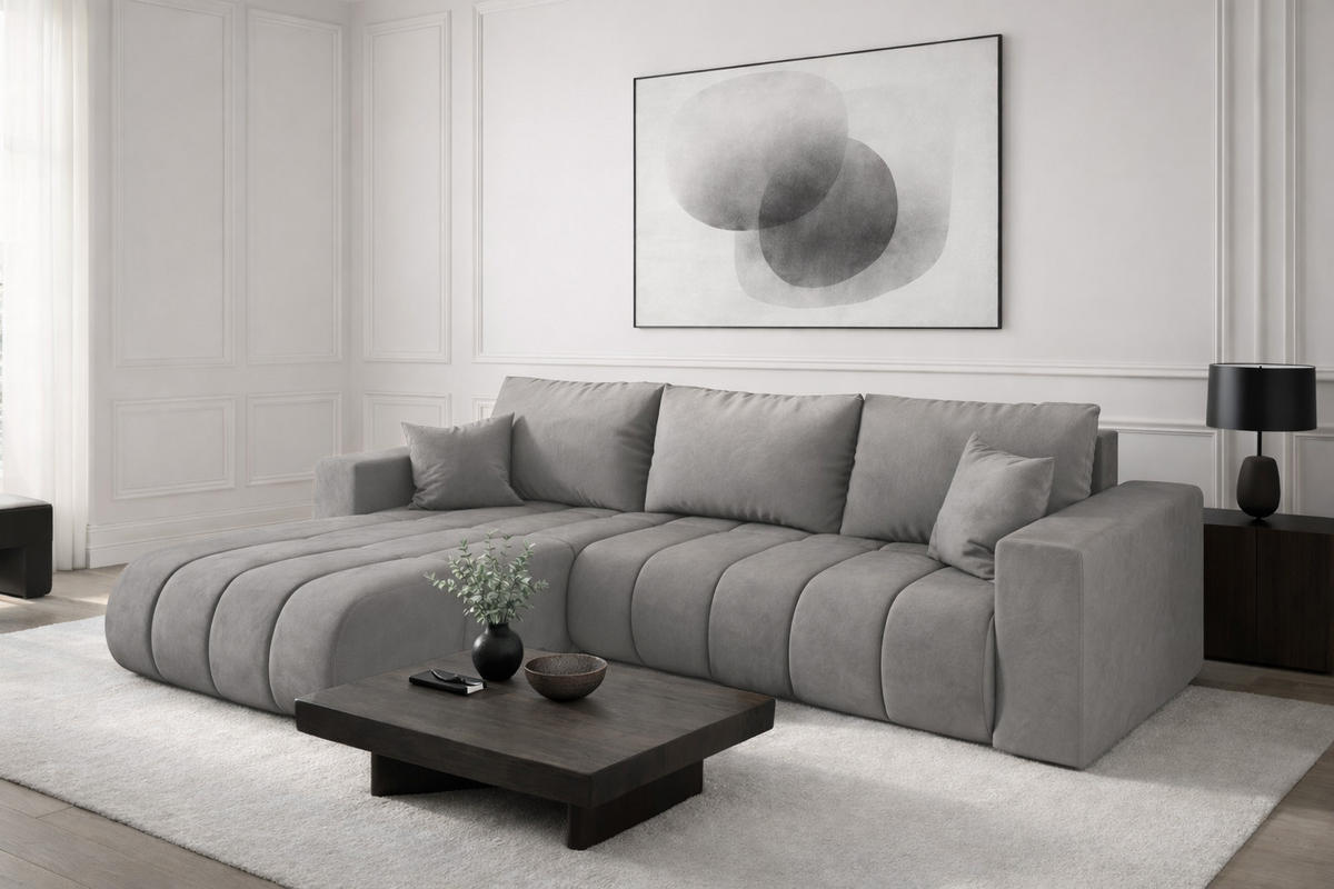 ECKSOFA mit schlaffunktion und bettkasten MILO PREMIUM, stoff MONOLITH, Hellgrau, Links - Hellgrau, Holz (280/190cm) - Kaiser Möbel