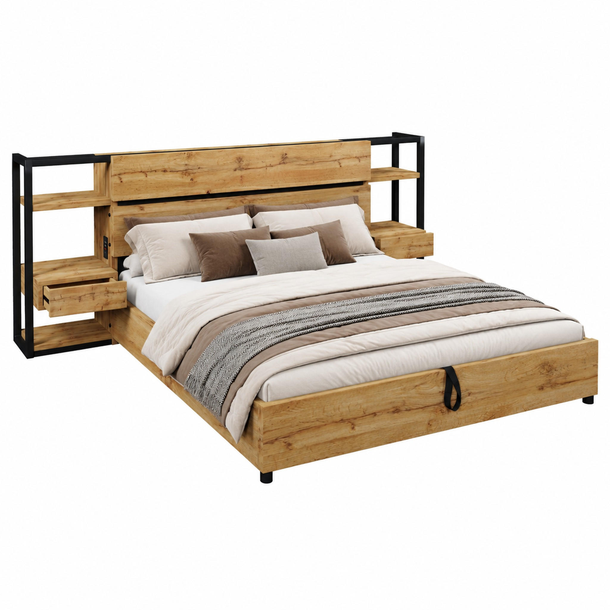 BETT mit Stauraum und Ladefunktion 160x200 cm Eiche/Schwarz - Braun, Metall (160/200cm) - Meubliv