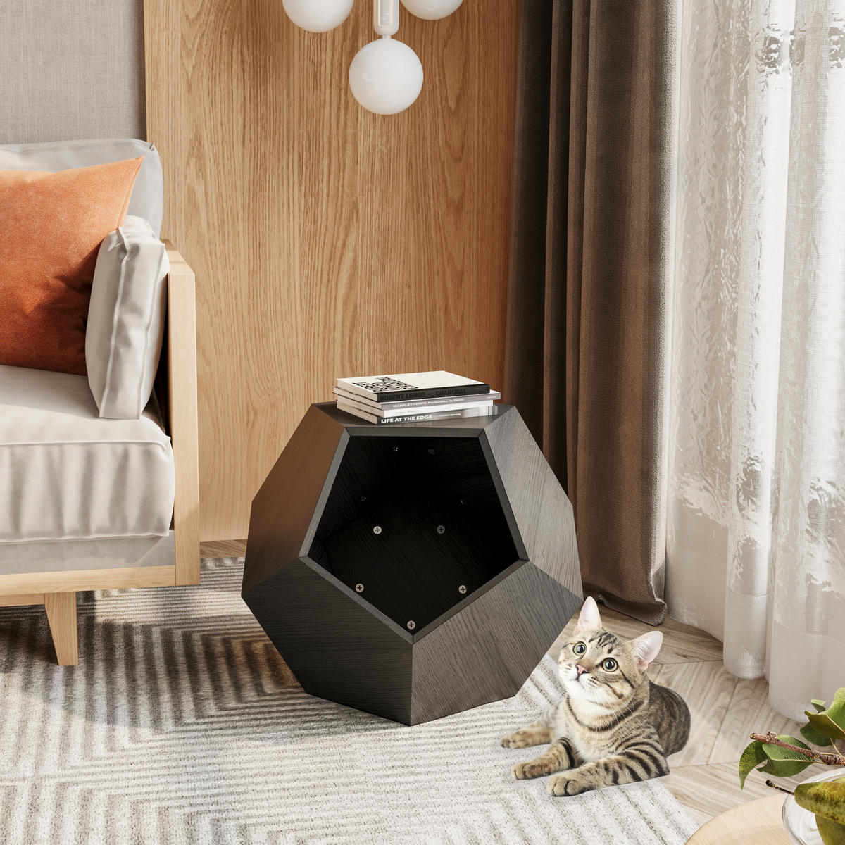 BEISTELLTISCH 66 cm schwarz-braun MDF mit Katzenhöhle und langlebigem Design - Schwarz, Holzwerkstoff (66/66/53cm) - OKWISH