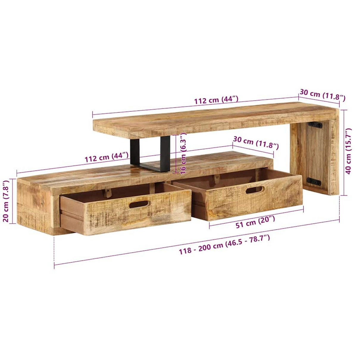 TV-STÄNDER (118–200)/30/40 Cm Massivholz Mango - Braun, Holz (30/40/200cm) - vidaXL