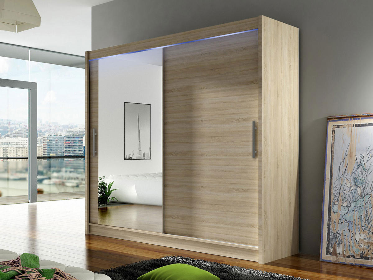 KLEIDERSCHRANK London VI, mit RGB LED Beleuchtung - Silberfarben/Sonoma Eiche, Holzwerkstoff/Kunststoff (180/215/58cm) - MIRJAN24