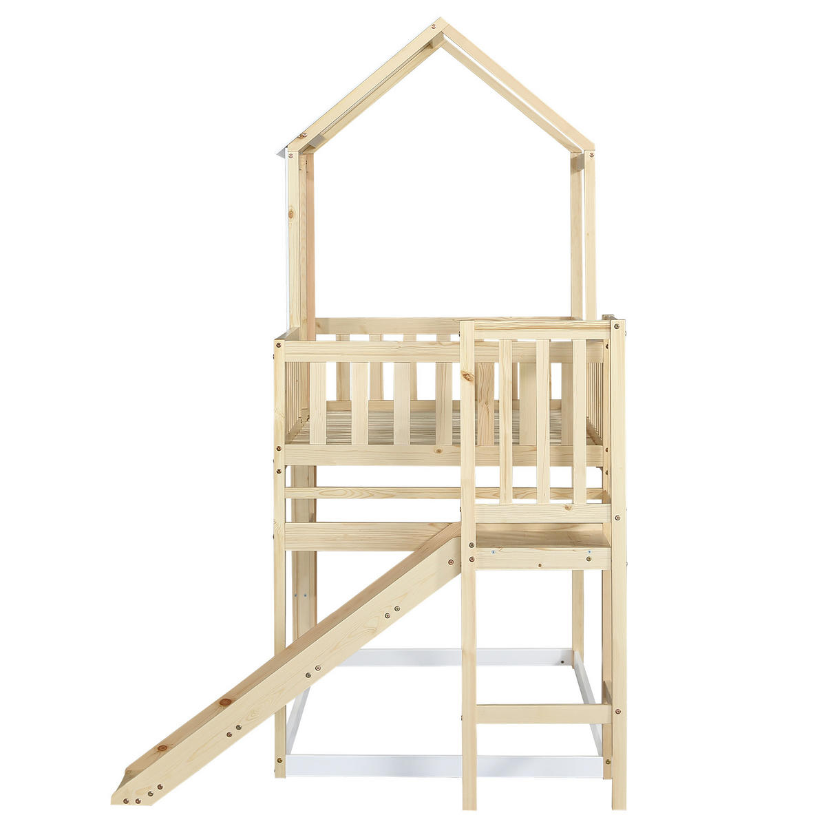 ETAGENBETT 90/200 cm in Natur & Weiß Hausbett mit Rutsche, Dach, Fenster und Leiter - Weiß/Naturfarben, Holzwerkstoff (90/200cm) - STILVORA