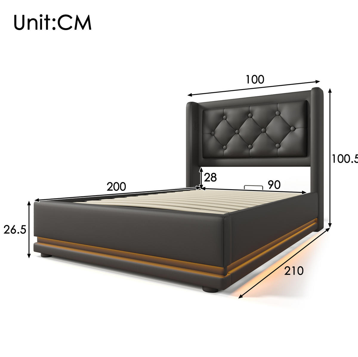 BETT mit Stauraum und Matratze 90x200 cm PU Schwarz - Schwarz, Metall (90/200cm) - Meubliv